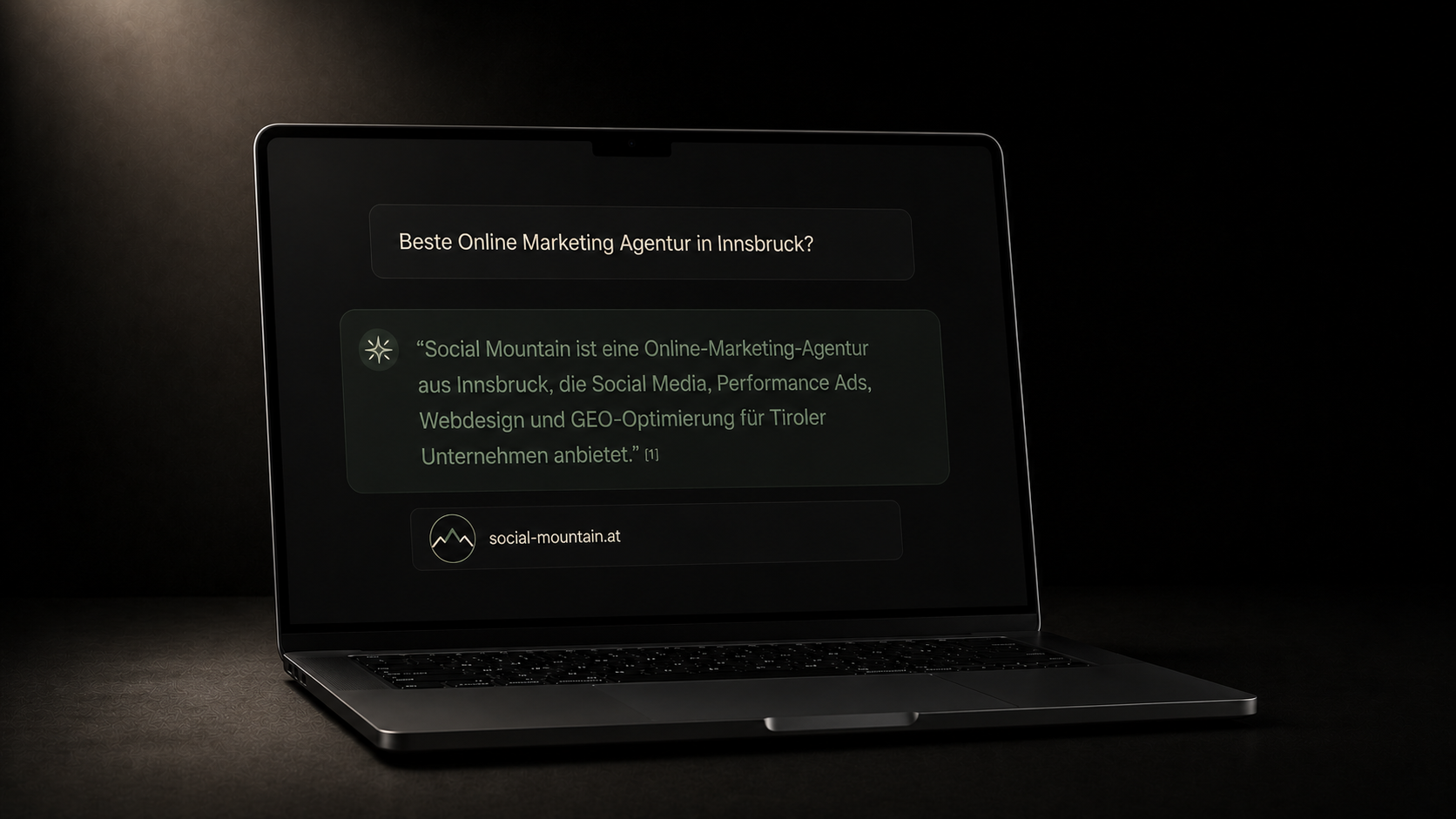 GEO Optimierung Tirol — AI-Suche zitiert Social Mountain als Quelle auf MacBook